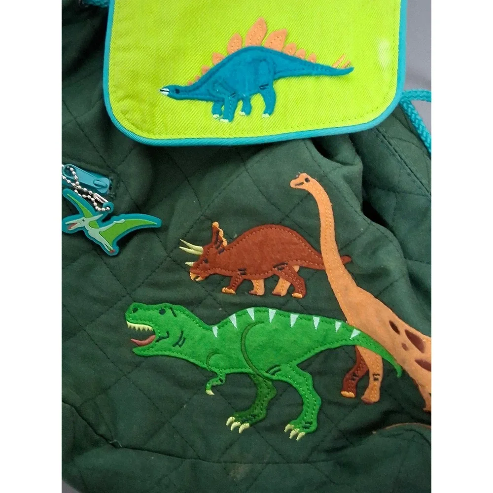 Stephen Joseph Kids Quilted Dinosaur Backpack Green Teal T-Rex Drawstring Bag